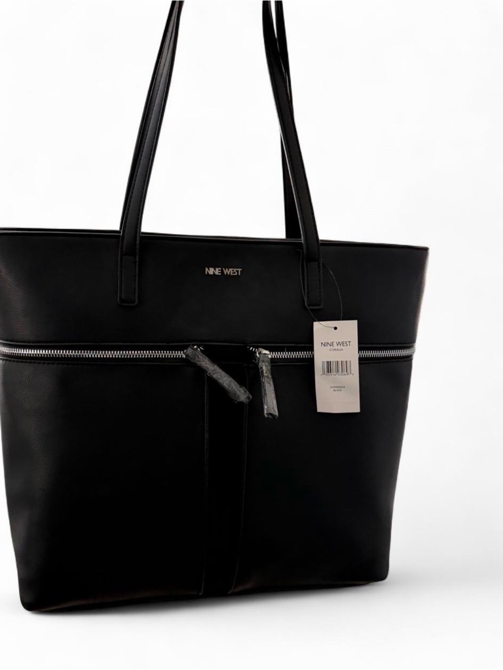 Black Faux-Leather Tote with Front Zip Detail
